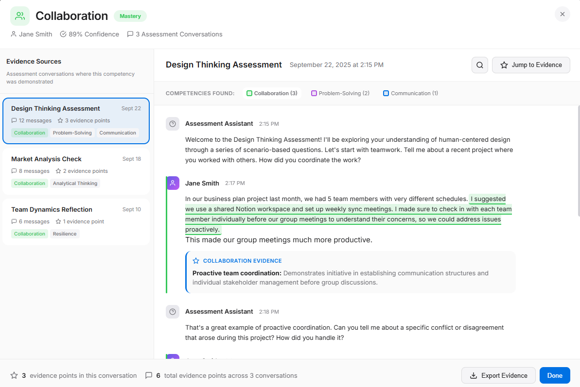 Competency Evidence Modal showing traceable student quotes